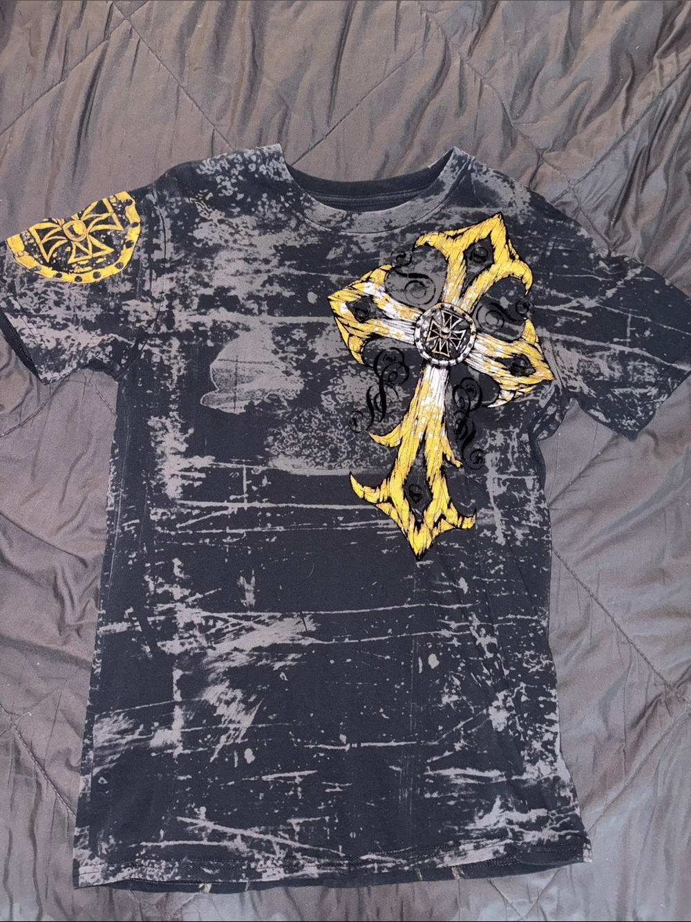 Men's Black Distressed Graphic Cross T-Shirt with Yellow Accent